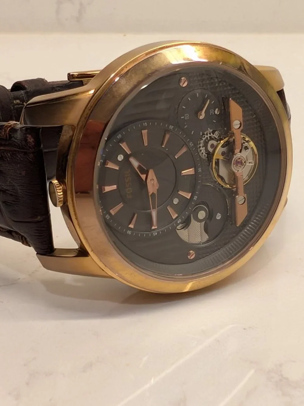 Fossil Men’s Automatic Open Heart Watch Rose Gold Brown Leather Skeleton